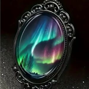 Vintage Aurora Borealis Landscape Glass Pendant Necklace, Bohemian Geometric